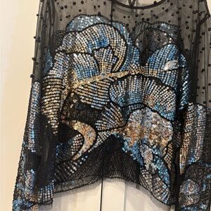 Frank Lyman Design Black and Blue Sequin Blouse